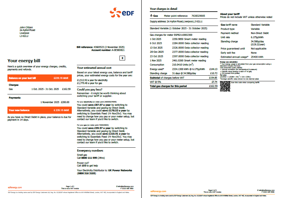 France EDF utility bill template in Word and PDF formats, 2 pages